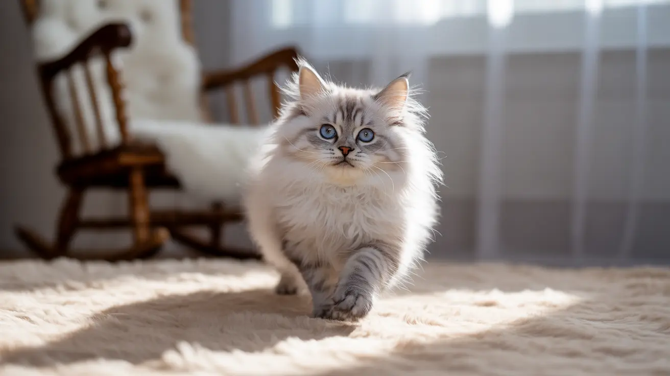 A fluffy white and gray Siberian cat with bright blue eyes sitting on a soft rug near a wooden rocking chair