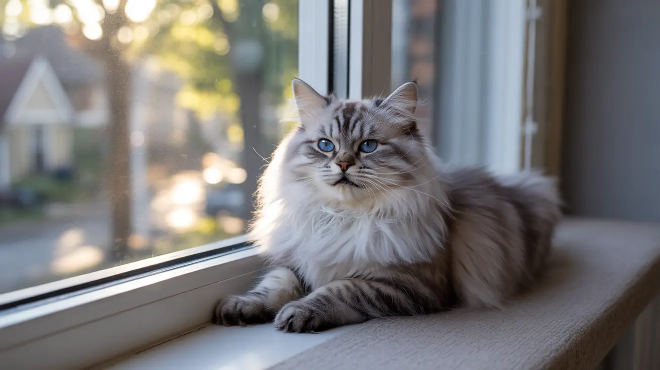 Un gato siberiano esponjoso con ojos azules sentado en el alféizar de una ventana, iluminado por luz suave de la mañana