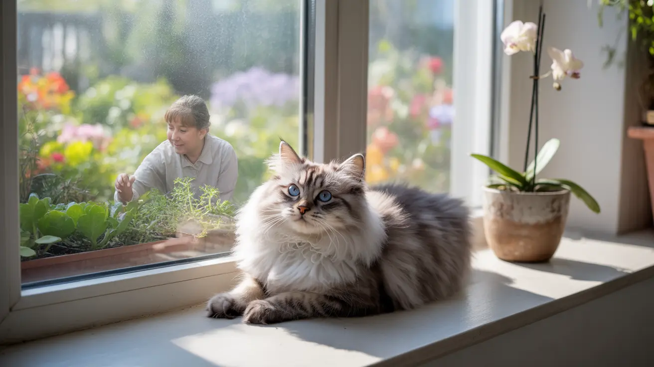 A fluffy Siberian cat with blue eyes resting on a windowsill with a garden view