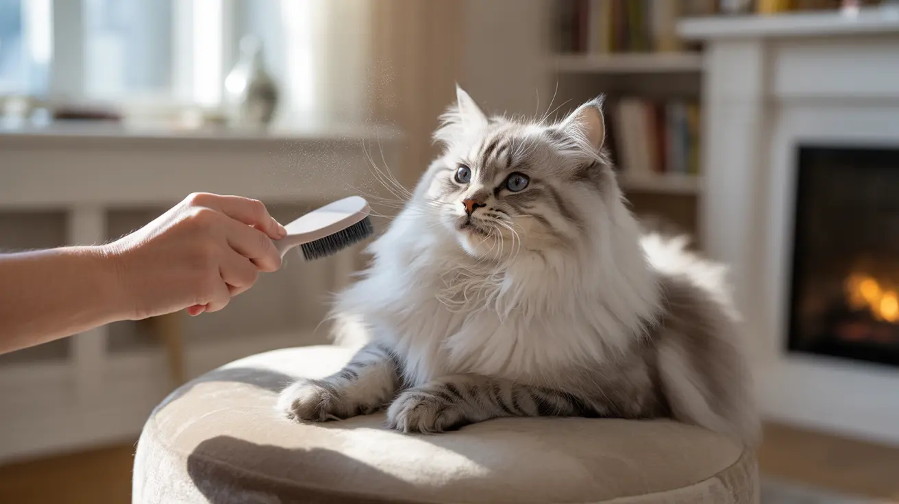 A fluffy white and gray Siberian cat being brushed indoors near a fireplace