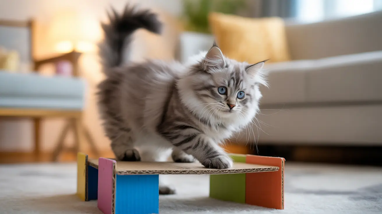 A fluffy Siberian cat sitting on a colorful cardboard structure in a cozy living room
