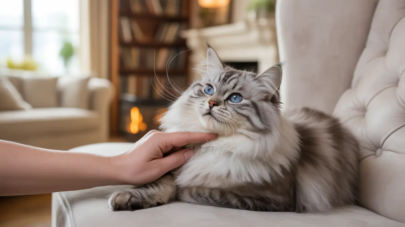 A fluffy white and gray Siberian cat receiving a gentle chin scratch from a hand