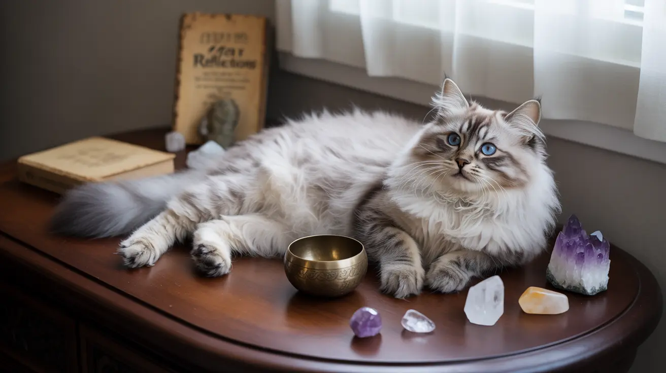 A fluffy white and gray Siberian cat resting elegantly on a wooden surface surrounded by crystals and a meditation bowl