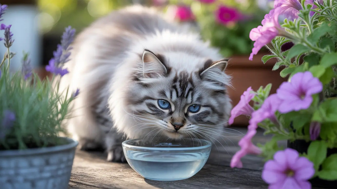 A fluffy Siberian cat with blue eyes drinking water from a clear glass bowl in a garden