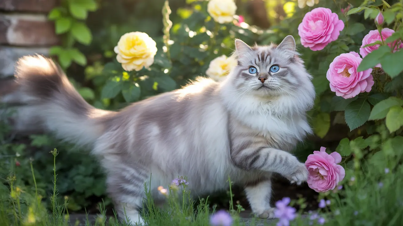 A fluffy white Siberian cat with striking blue eyes sitting in a garden surrounded by pink and yellow roses