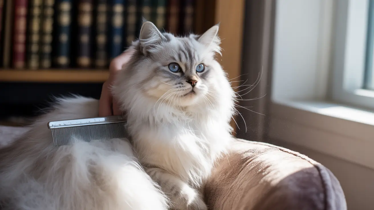 Fluffy white Siberian cat sitting on a beige chair near a window with a grooming comb nearby