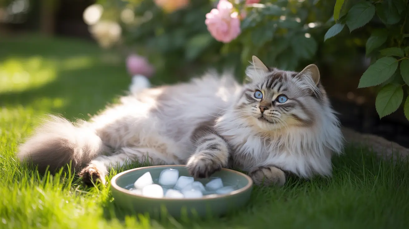 Un gato siberiano esponjoso descansando al lado de un bol con cubos de hielo en un jardín soleado
