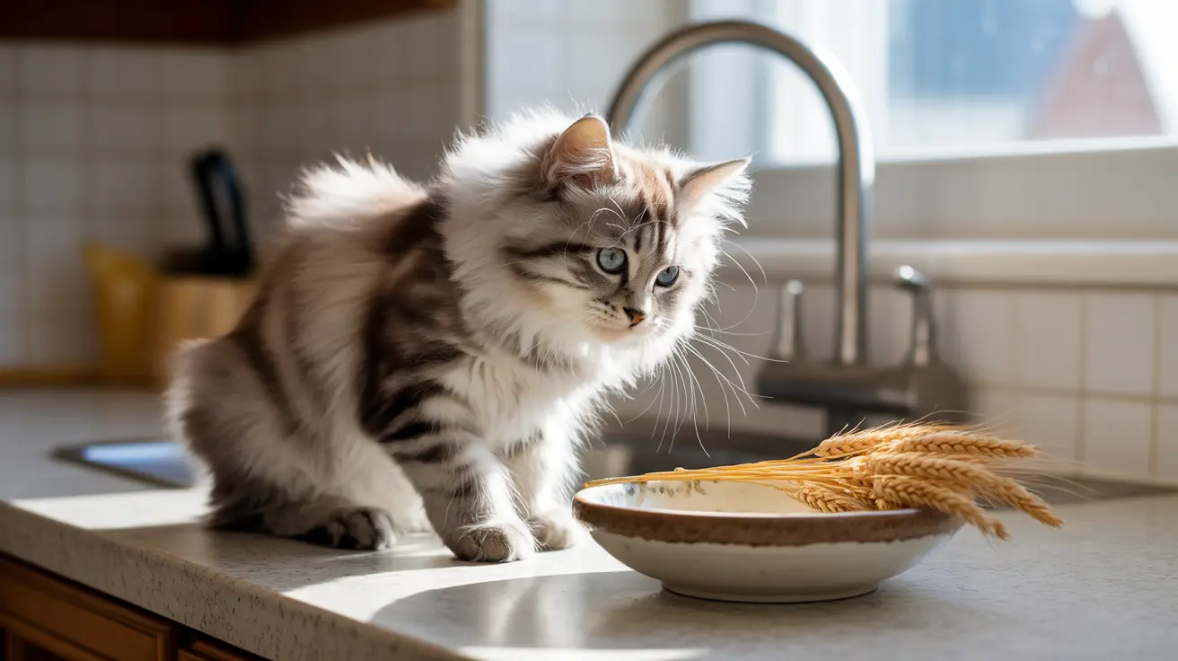 A fluffy Siberian cat sitting on a kitchen countertop near a bowl of wheat stalks