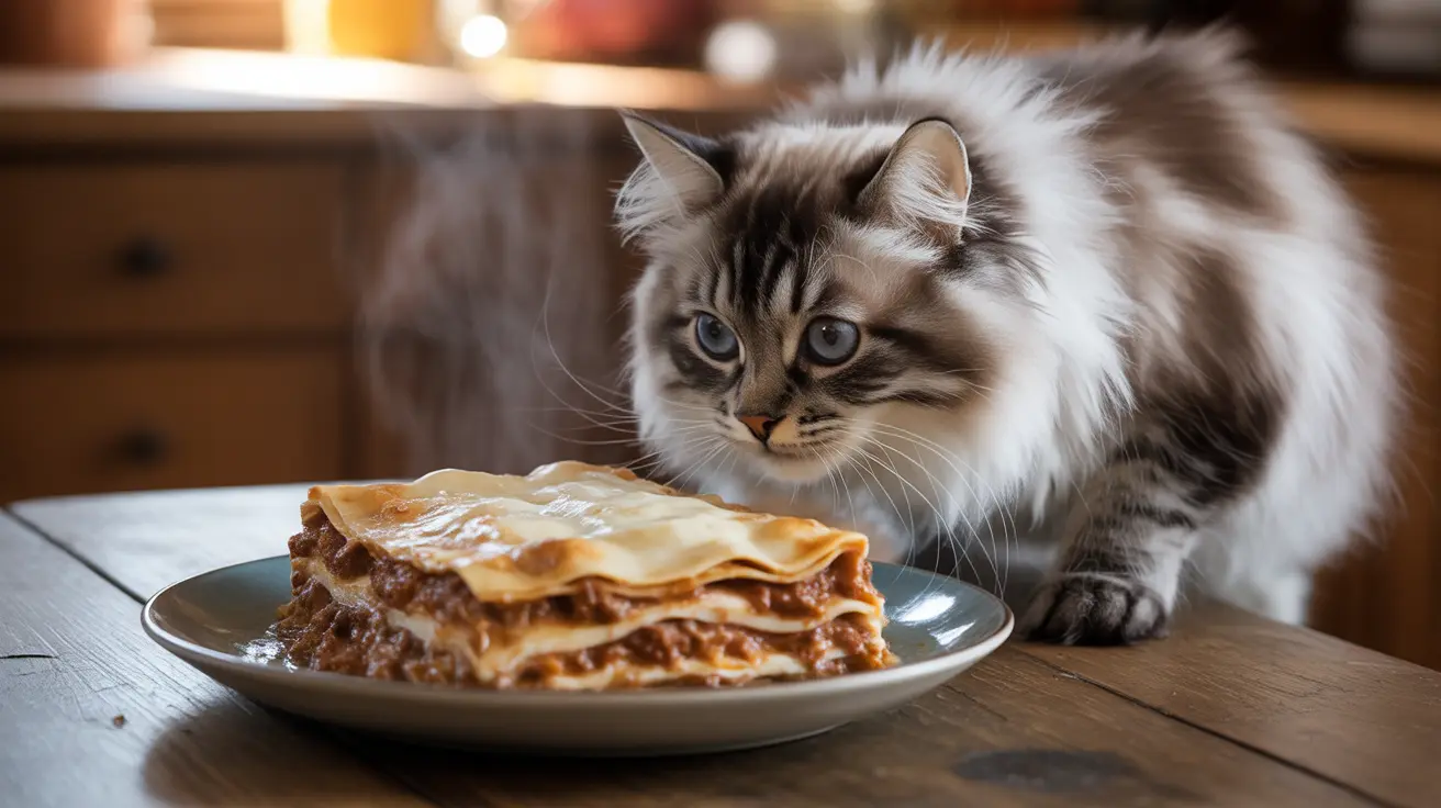 A fluffy Siberian cat sitting next to a plate of lasagna on a wooden table