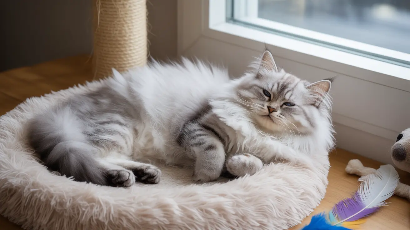 Um gato siberiano branco e cinza fofinho descansando confortavelmente em uma cama peluda próxima a uma janela