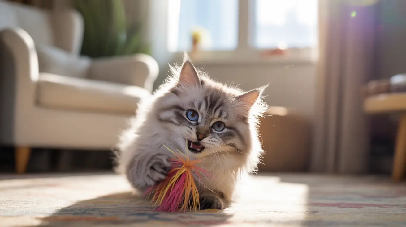 A fluffy Siberian cat playfully biting a colorful feather toy while sitting on a carpet in a bright living room