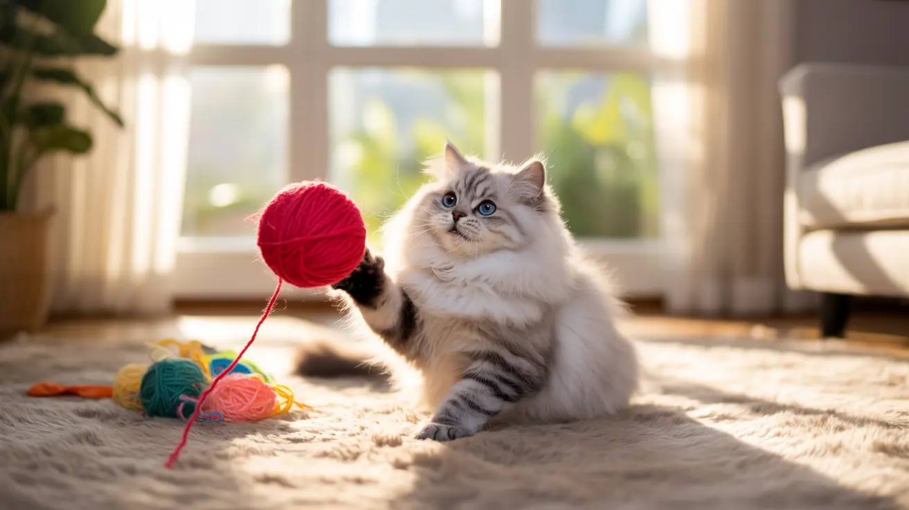 A fluffy Siberian cat playing with colorful yarn balls near a bright window