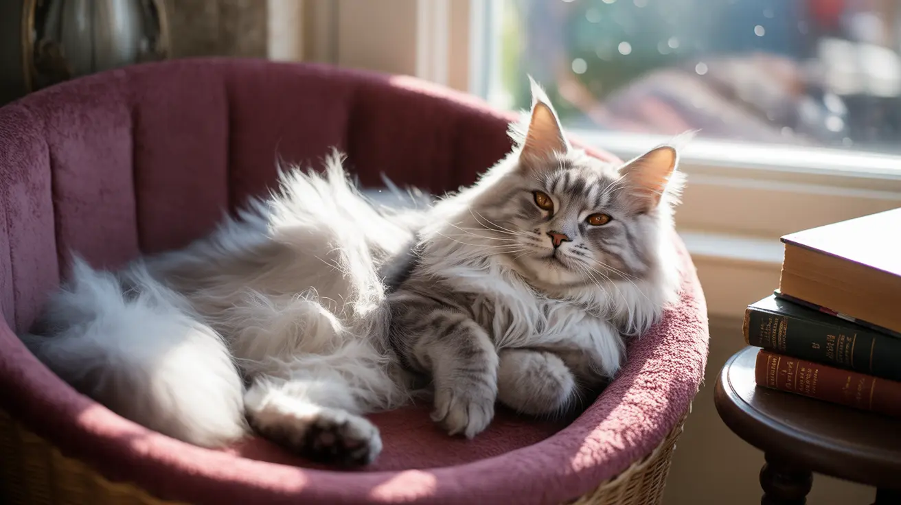 A fluffy white and gray Siberian cat lounging comfortably in a soft purple cat bed near a window