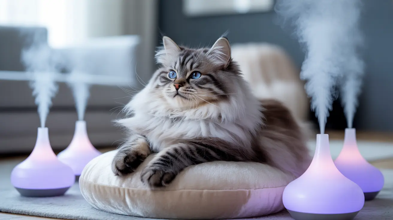A fluffy Siberian cat sitting regally on a soft cushion surrounded by glowing purple diffusers