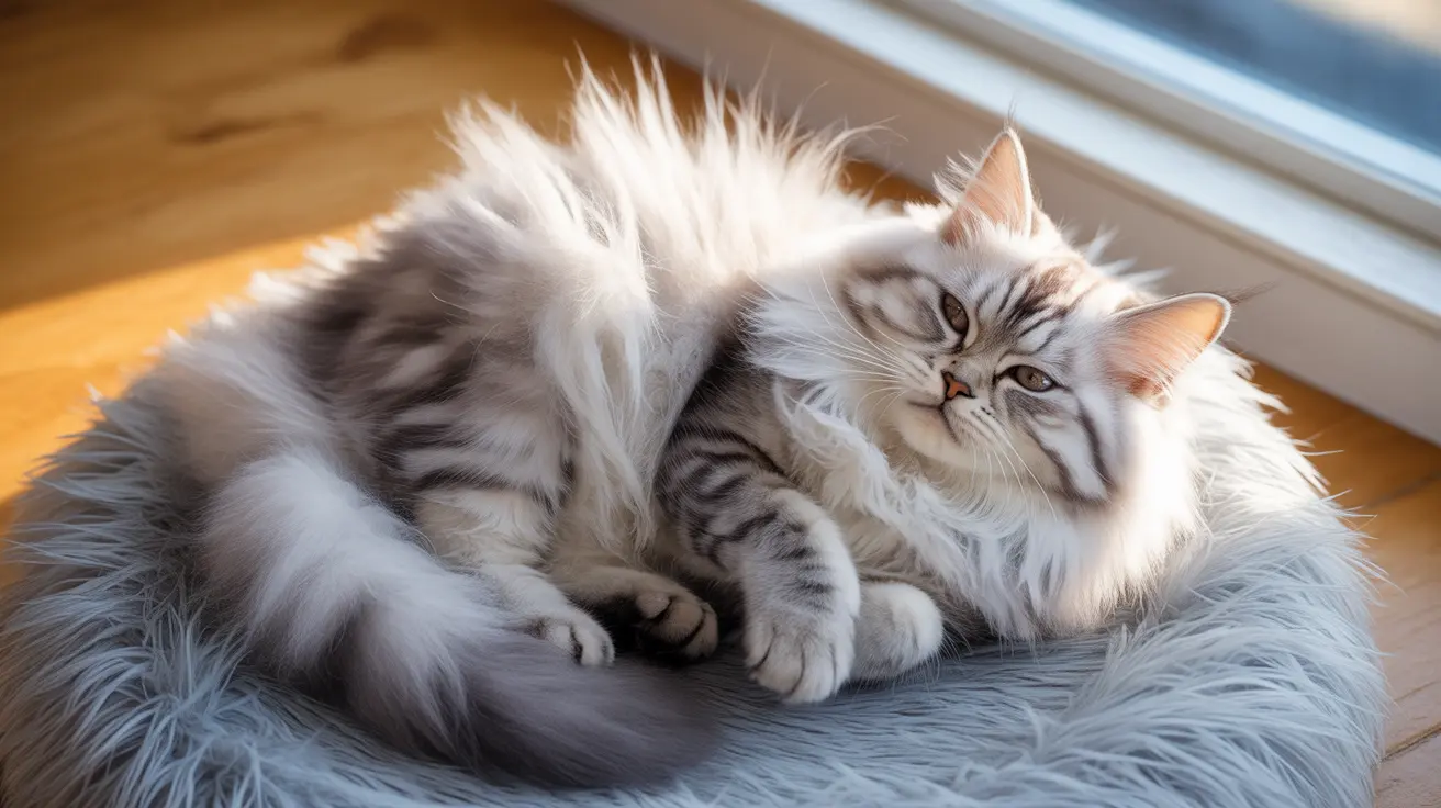 A fluffy Siberian cat lounging on a soft blue-gray furry bed near a window