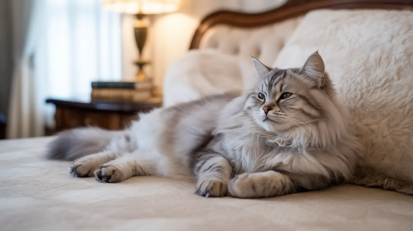 ふわふわしたシベリアン猫が柔らかくて明るい色のベッドの上で快適にくつろいでいる様子