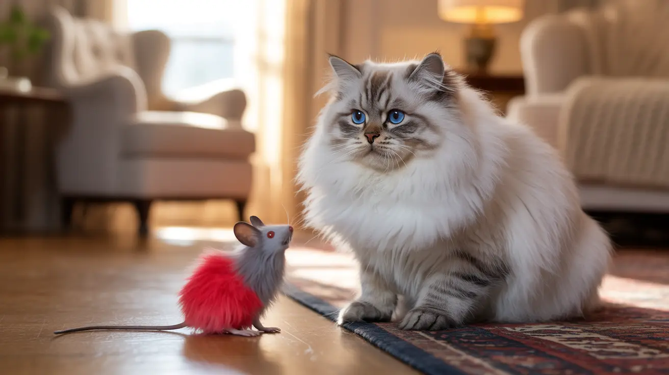 A fluffy white Siberian cat sitting next to a red and gray toy mouse on a hardwood floor