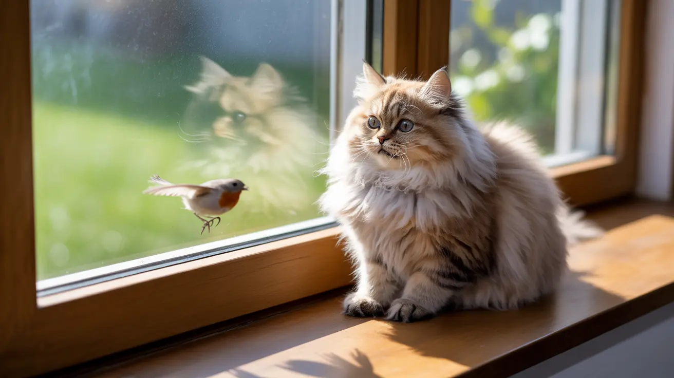 A fluffy Siberian cat sitting on a windowsill, watching a small bird outside the window