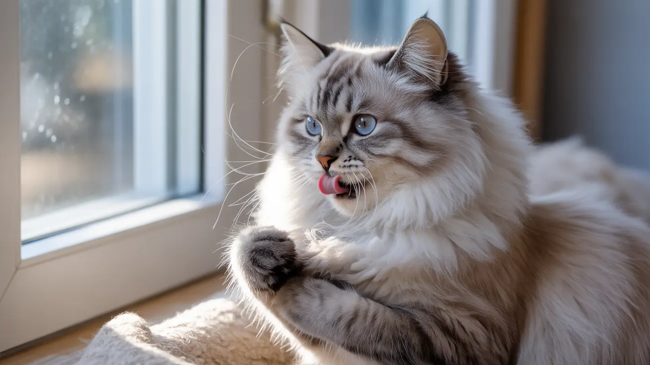 A fluffy Siberian cat sitting by a window, looking alert and playful with its tongue slightly out