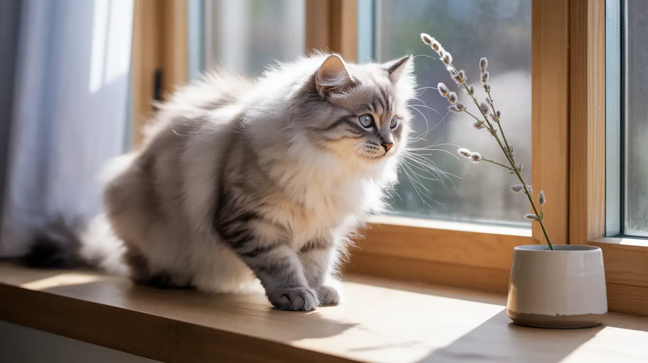 A fluffy Siberian cat sitting elegantly on a wooden windowsill gazing contemplatively out the window