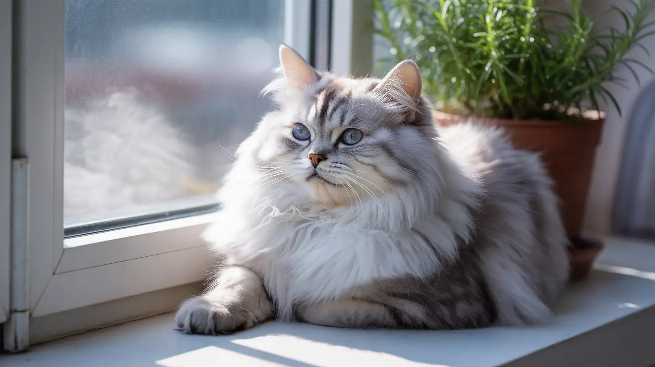 A fluffy white and gray Siberian cat sitting on a windowsill bathed in soft natural light