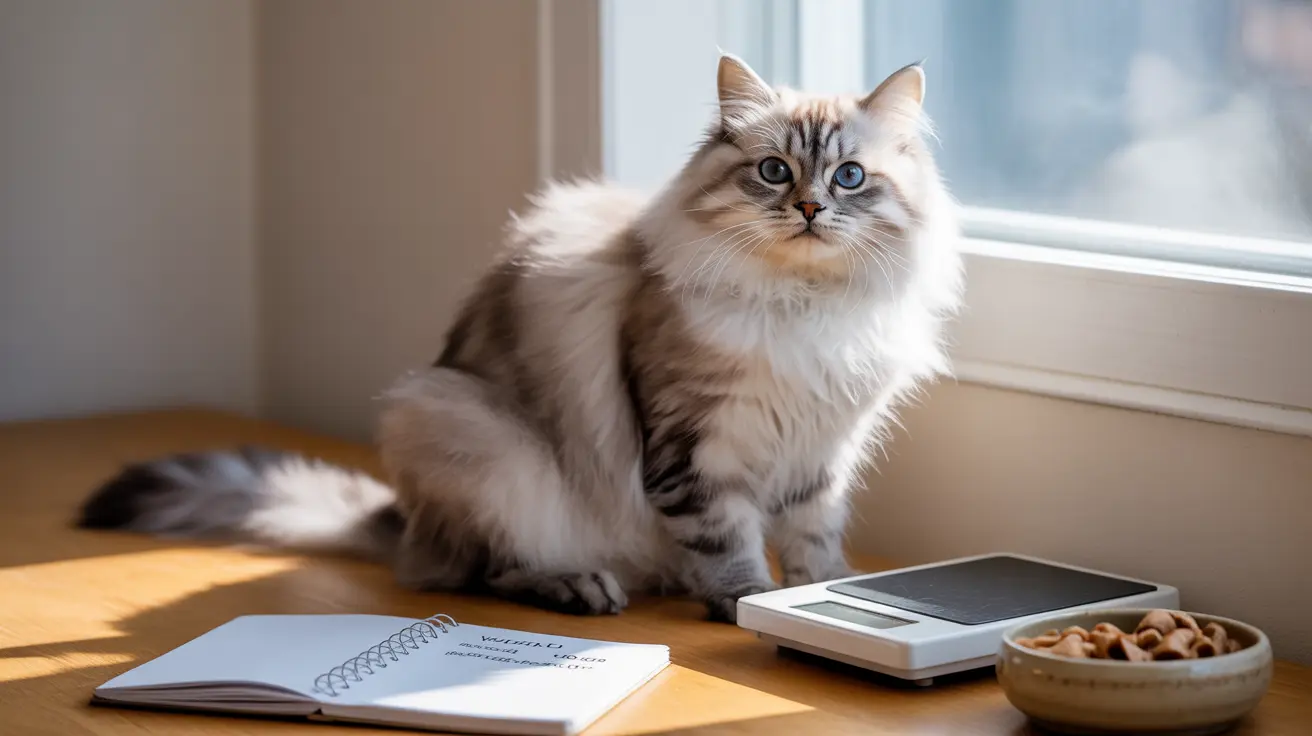 A fluffy Siberian cat sitting attentively by a window next to a scale and notebook