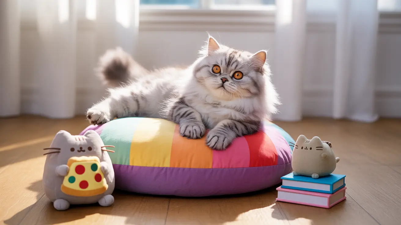 色鮮やかな丸いクッションの上でくつろぐふわふわの銀色タビーのペルシャ猫と、その近くにあるプシーンのぬいぐるみ