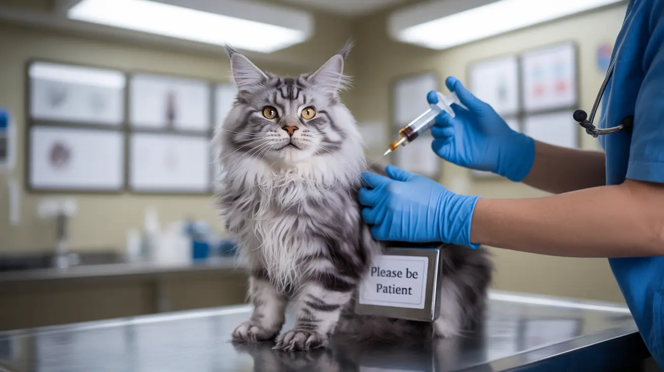 A fluffy silver tabby cat sitting on an examination table during a veterinary checkup with a medical professional preparing to administer an injection
