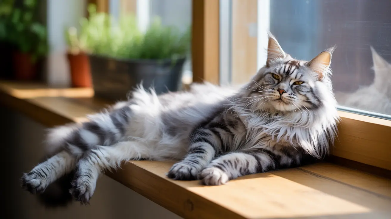 Fluffy silver tabby cat resting on wooden windowsill in sunlight