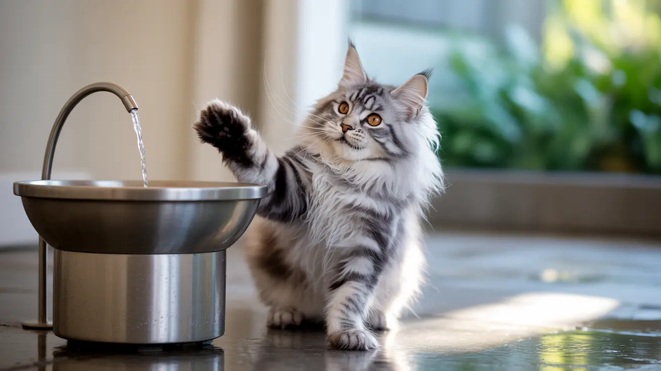 Fluffy silver tabby Maine Coon cat playfully reaching towards a running water faucet