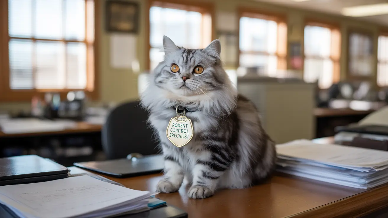 A fluffy silver tabby cat wearing a 'Rodent Control Specialist' badge sits professionally on an office desk