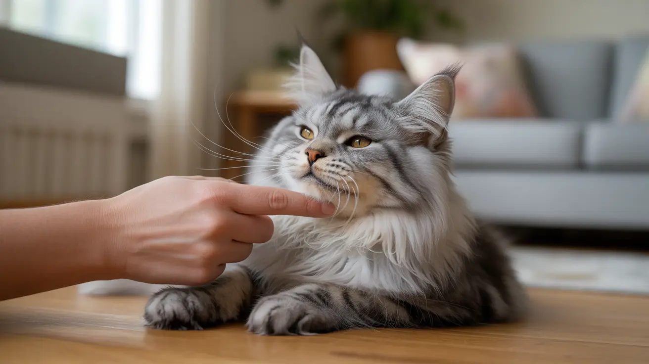 A fluffy silver and white Maine Coon cat being gently touched on the chin by a human finger