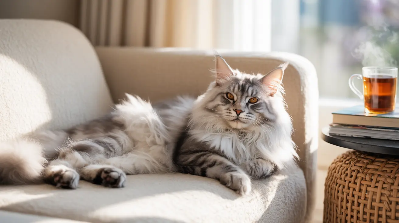 Fluffy silver and white Maine Coon cat lounging comfortably on a light-colored armchair in a sunlit room