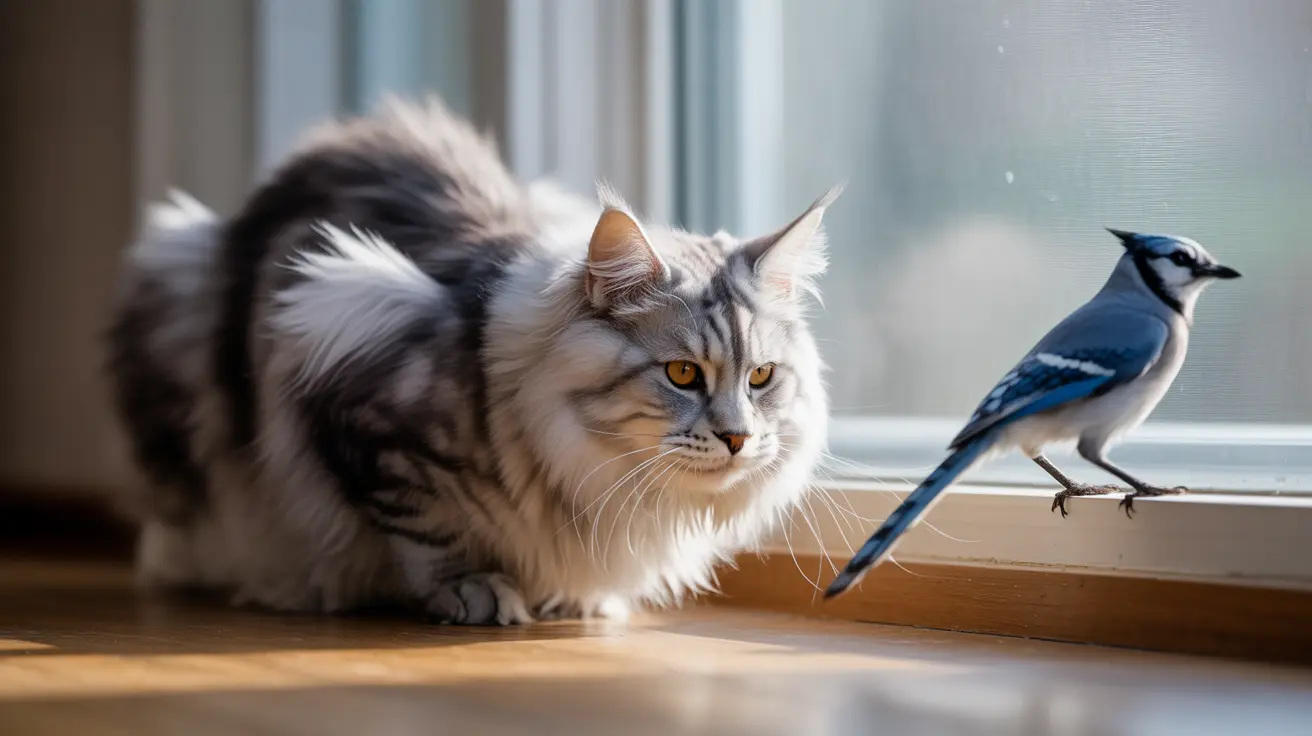 Fluffy tabby cat crouched on a windowsill next to a perched blue jay