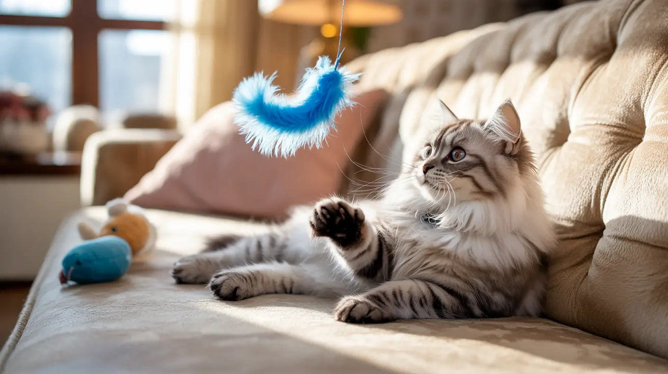 Fluffy tabby cat playing with blue feather toy on beige couch in sunlit living room