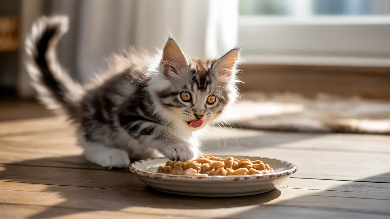 Tabby and white fluffy kitten eating kibble from a bowl indoors on a sunlit wooden floor