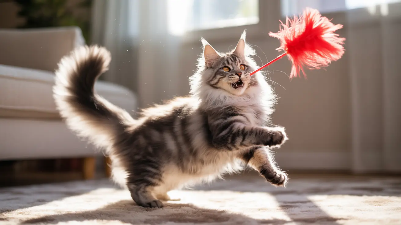 Fluffy tabby kitten leaping to catch a red feather toy in a sunlit living room