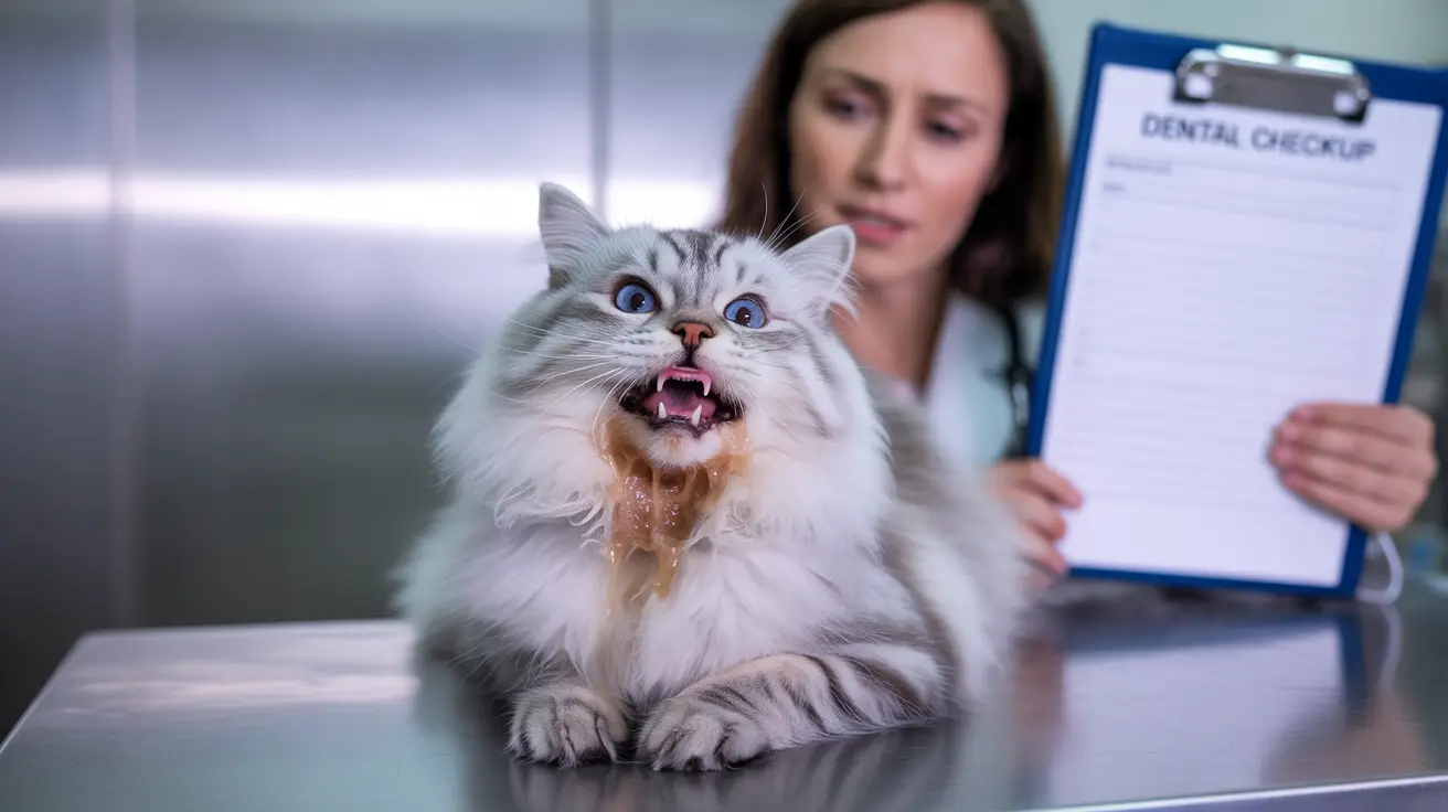 A fluffy white cat with open mouth and dramatic expression during veterinary dental checkup
