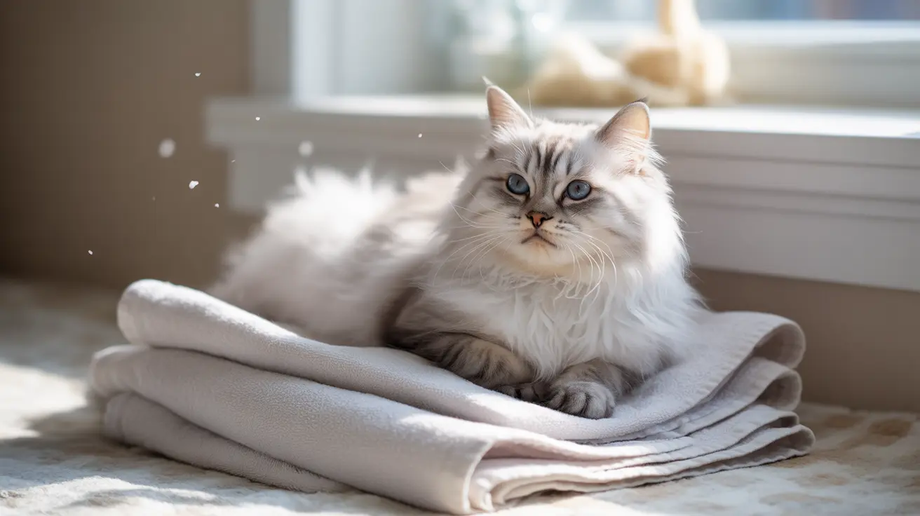Fluffy white long-haired cat sitting regally on a soft gray blanket near a window