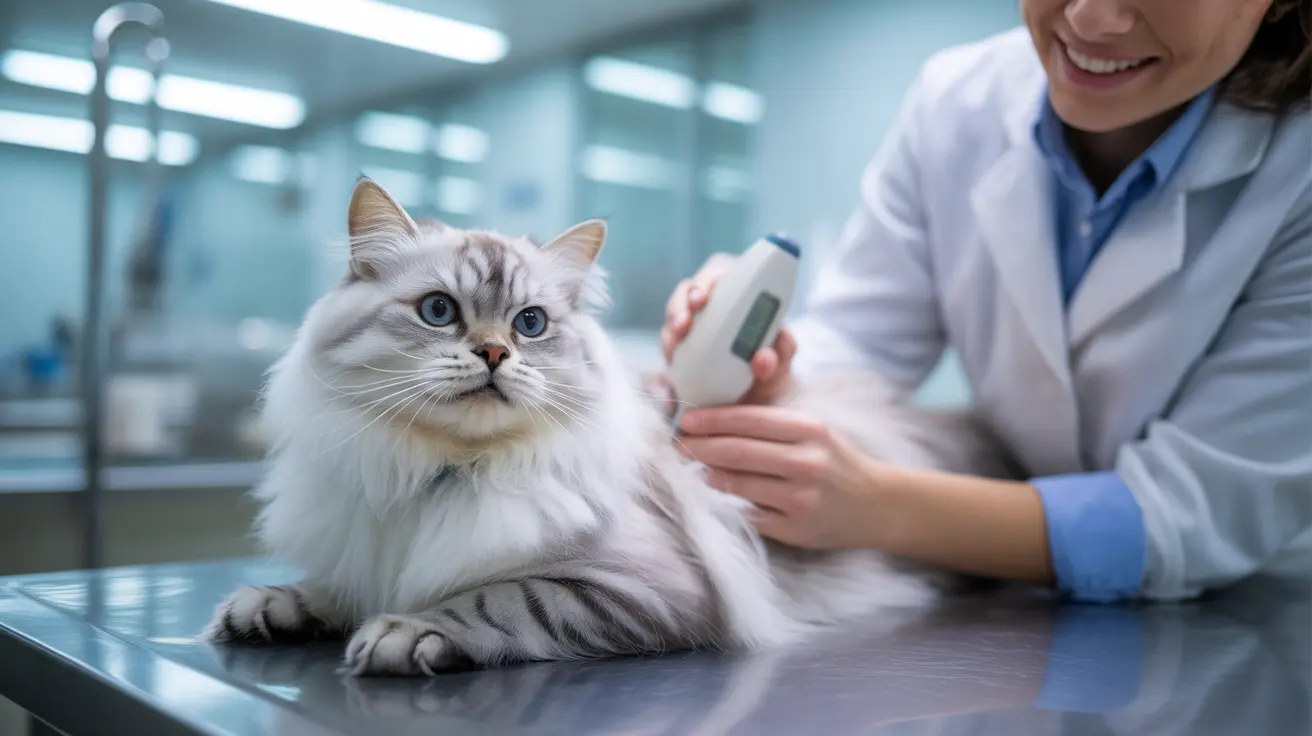 A fluffy white long-haired cat sitting calmly on an examination table during a veterinary check-up