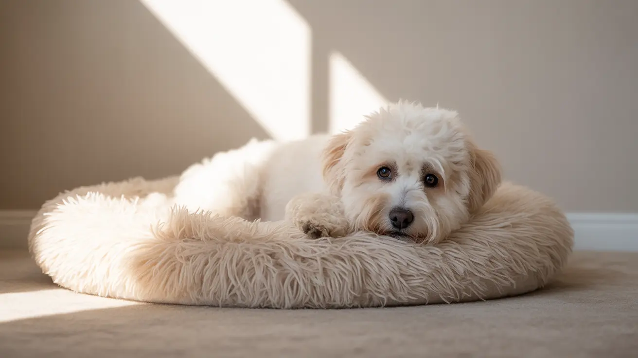 A fluffy white dog resting cozily in a soft, fuzzy cream-colored bed