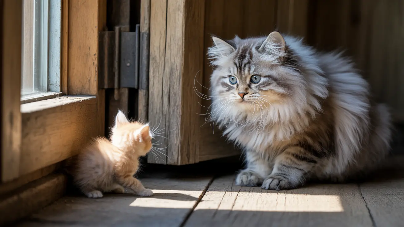 大きくてふわふわした白と灰色の猫が、小さなオレンジ色の子猫の隣に木製の窓枠のそばに座っている