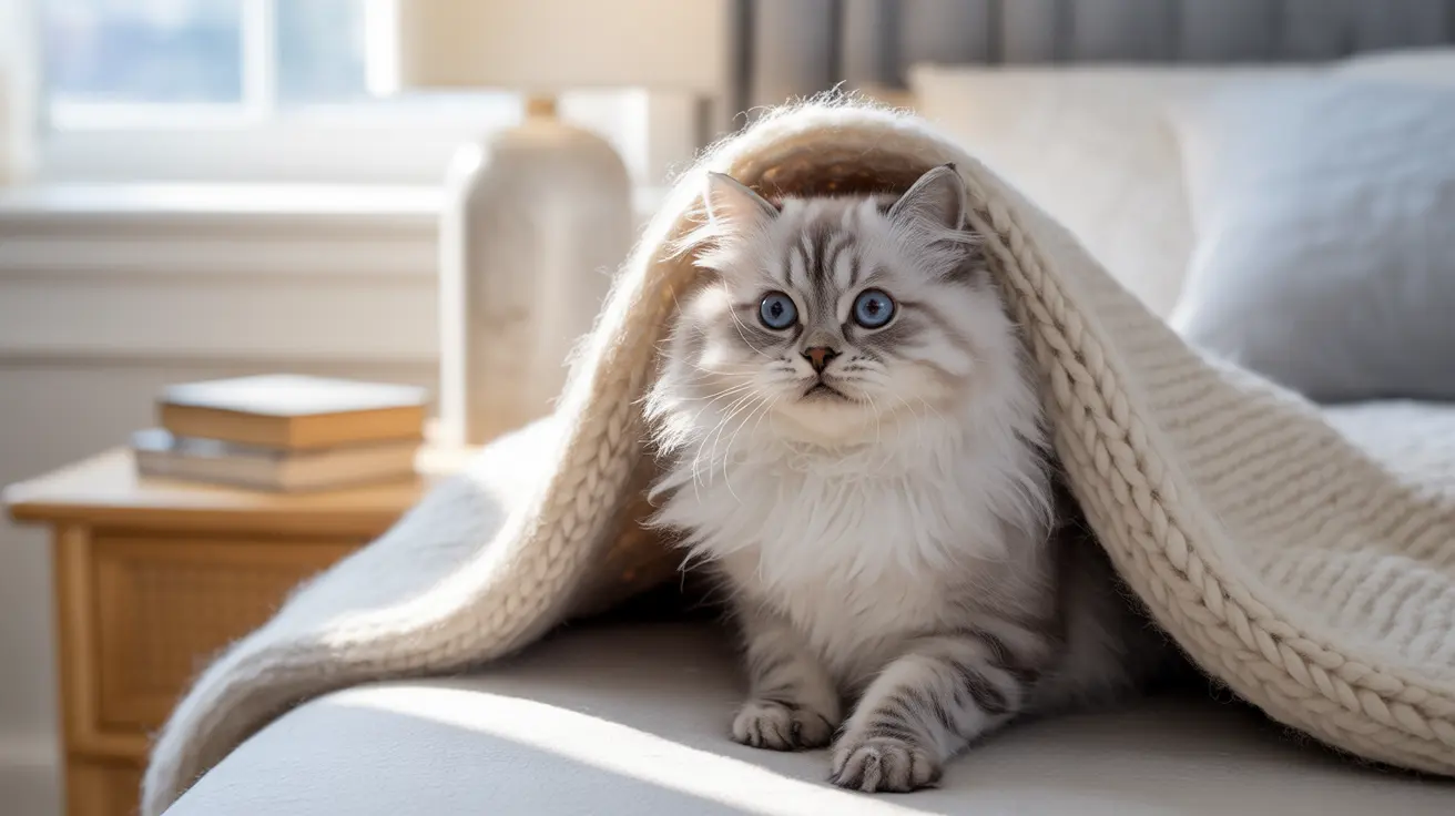 A fluffy white Persian cat sitting under a cozy knitted blanket with wide blue eyes