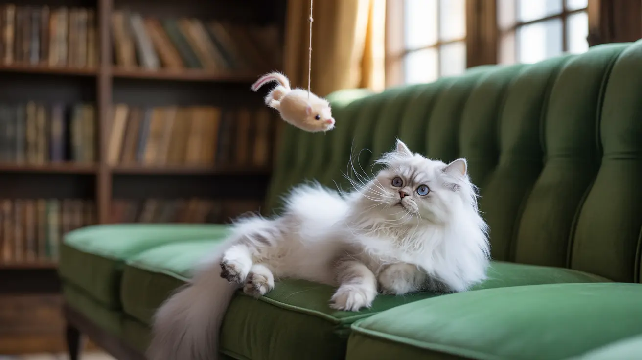 A fluffy white Persian cat sitting on a green couch with a small mouse toy dangling above it