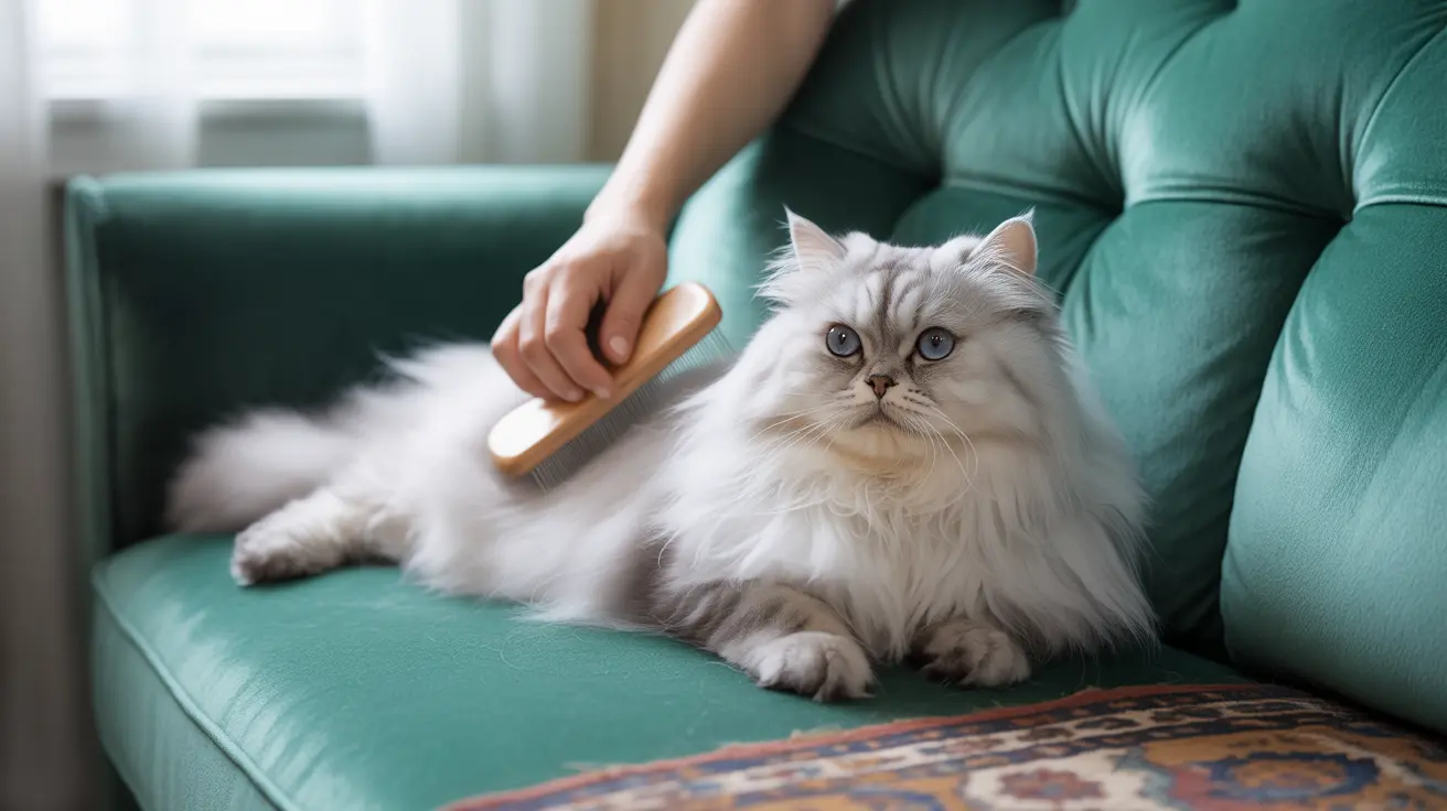 A fluffy white Persian cat being groomed on a teal velvet couch