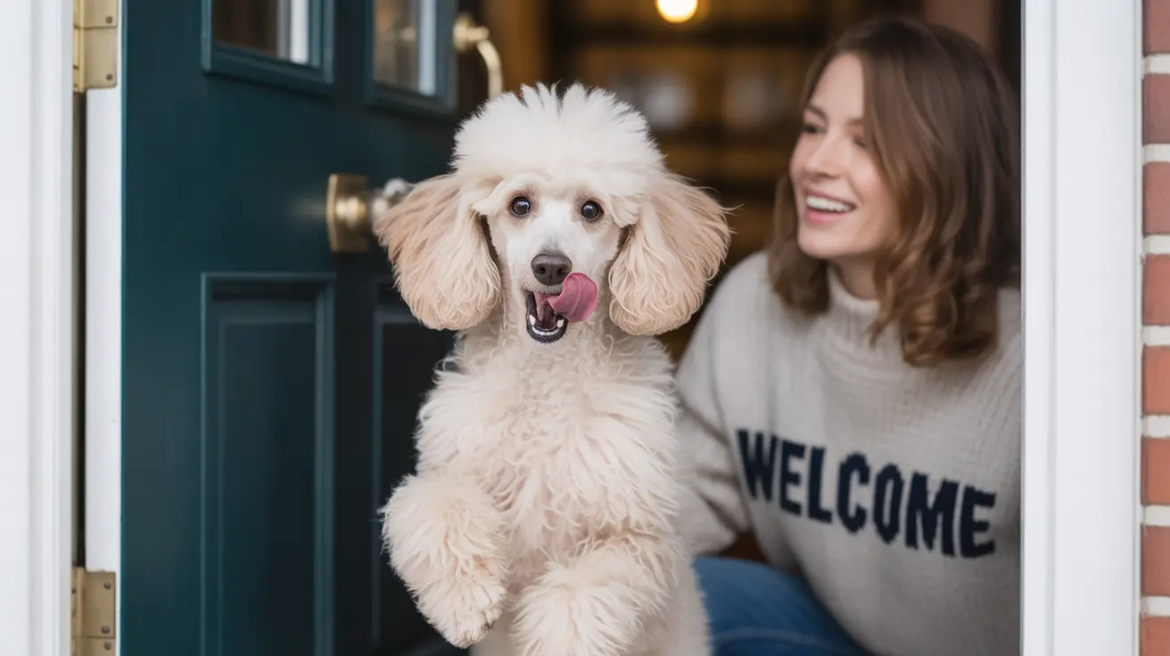 A fluffy white Poodle standing happily at a doorway with a smiling person in the background
