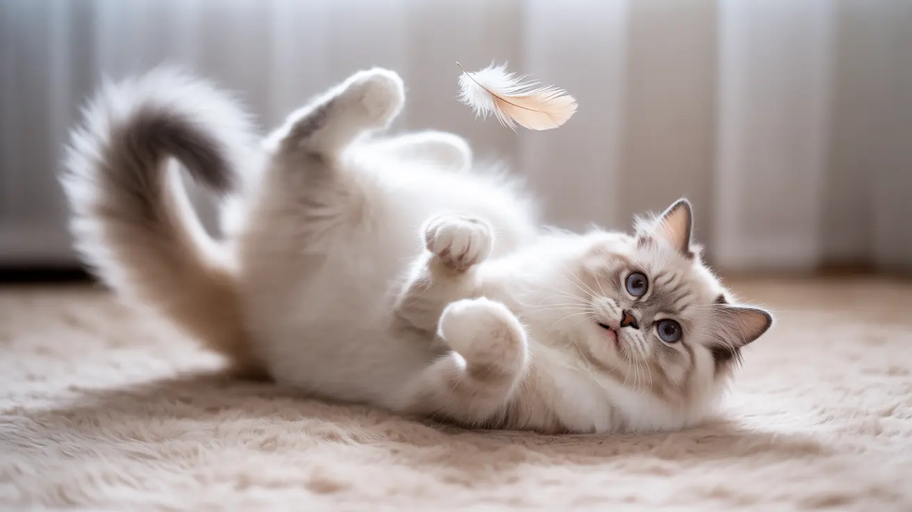 A fluffy white Ragdoll cat lying on its back on a soft rug playfully batting at a floating feather