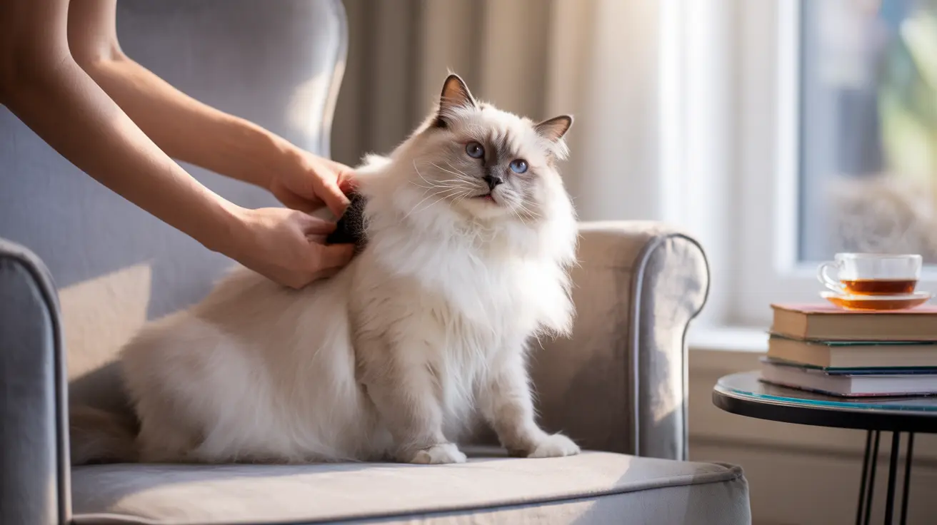 Un gato Ragdoll blanco y esponjoso siendo cepillado suavemente mientras está sentado en un sillón gris
