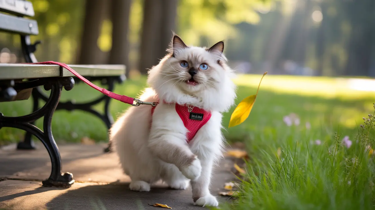 Fluffy white Ragdoll cat with blue eyes sitting on a park pathway wearing a bright red harness and leash