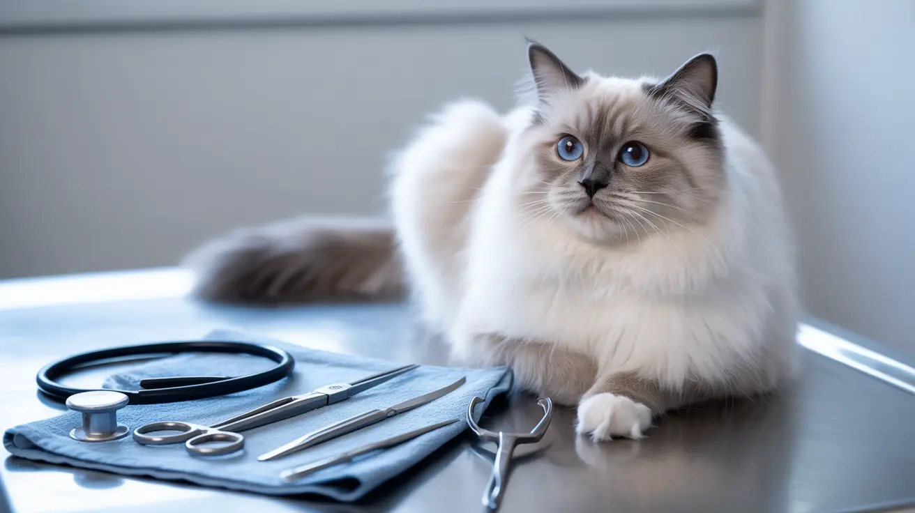 A fluffy white Ragdoll cat sitting on a medical examination table with veterinary instruments nearby.